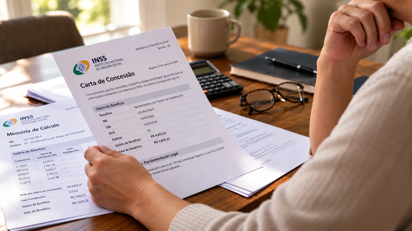 Mãos de adulto segurando uma carta de concessão do INSS, com memória de cálculo, calculadora e óculos sobre mesa de madeira — imagem ilustrativa com dados fictícios