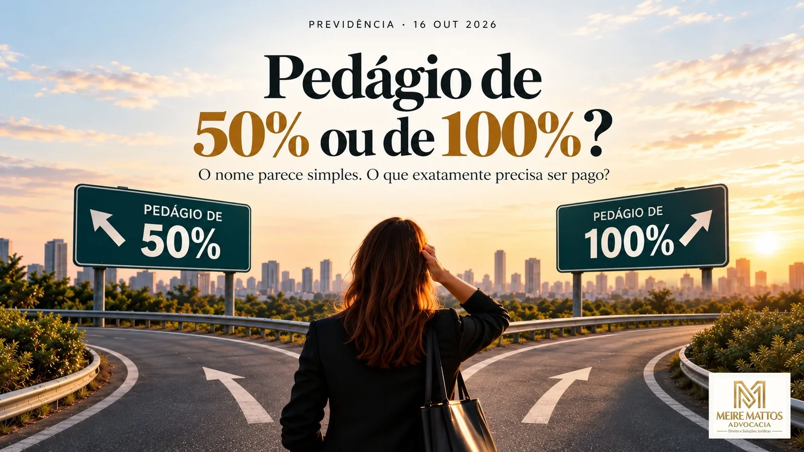 Mulher de costas diante de bifurcação de estradas com placas de pedágio de 50% e de 100%.