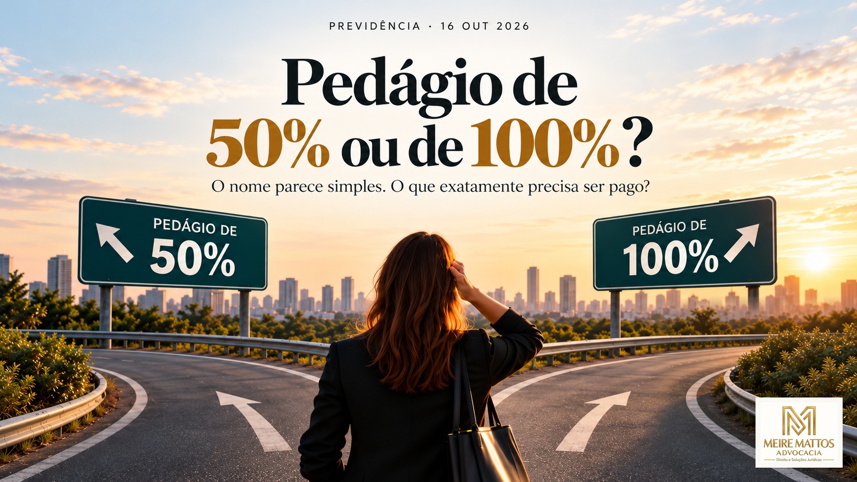 Mulher de costas diante de bifurcação de estradas com placas de pedágio de 50% e de 100%.