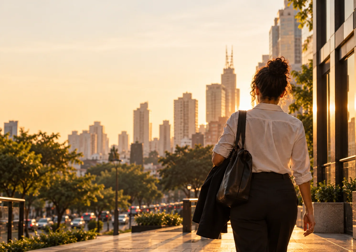 Mulher de costas, de camisa branca e bolsa preta, caminhando por uma calçada de São Paulo ao pôr do sol
