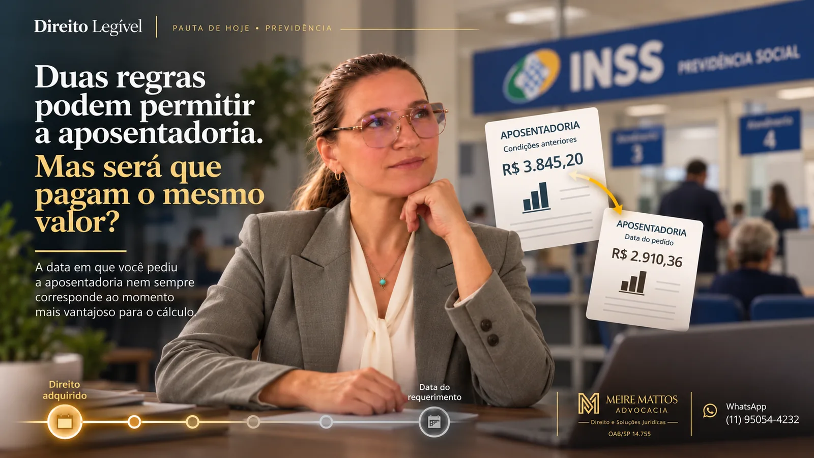 Meire de Mattos em primeiro plano, com agência do INSS desfocada ao fundo e comparação ilustrativa de valores de aposentadoria.